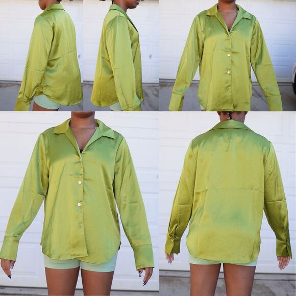 Rachel Zoe Lime Green Satin Button Down Blouse – Size L (NWT) - Picture 3 of 12